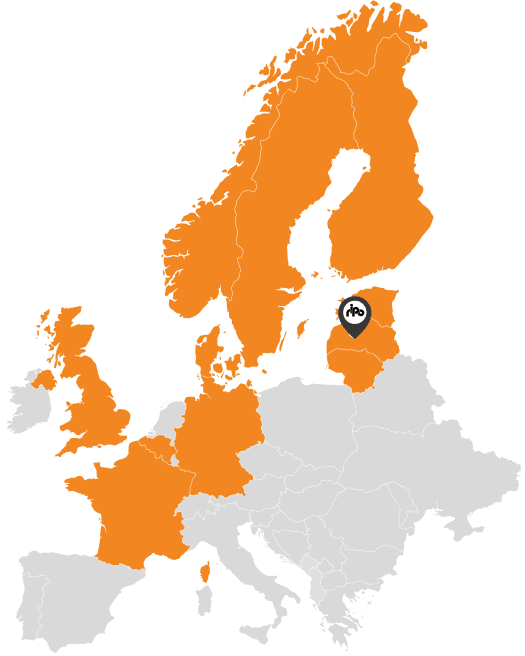Map of Europe with several countries highlighted in orange and a marker indicating a location in Estonia.