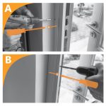 Zwei Bilder zeigen eine Person, die eine Bohrmaschine benutzt, um eine Schraube in einen Türrahmen für Fliegengitter Tür - faltbar einzubauen, mit zusätzlichen orangefarbenen Grafiken.