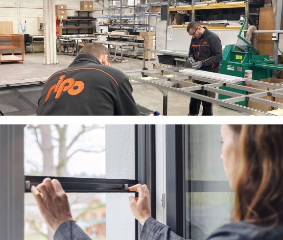 Divi vīrieši darbnīcā montē logu rāmjus; kontakti un uzstādīšana, cilvēks uzstāda logu sietu dzīvojamā vidē.